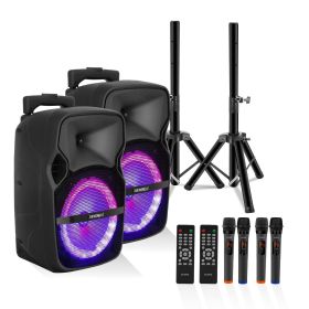 5 CORE 8 Inch TWS PAIR Bluetooth Party Speakers 250 W Portable Karaoke PA System Rechargeable Loud Speaker + Tripod Stand & 2x Wireless Mics LED Light (sku: ACTIVE HOME 8 2-MIC 2PCS)