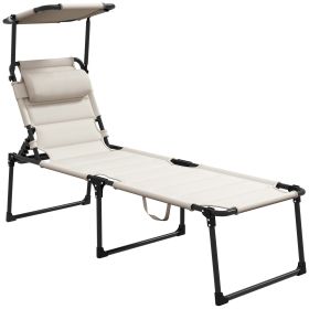 Outsunny Outdoor Lounge Chair, Adjustable Backrest Folding Chaise Lounge, Cushioned Tanning Chair w/Sunshade Roof & Pillow Headrest for Beach, Camping (Color: as Pic)